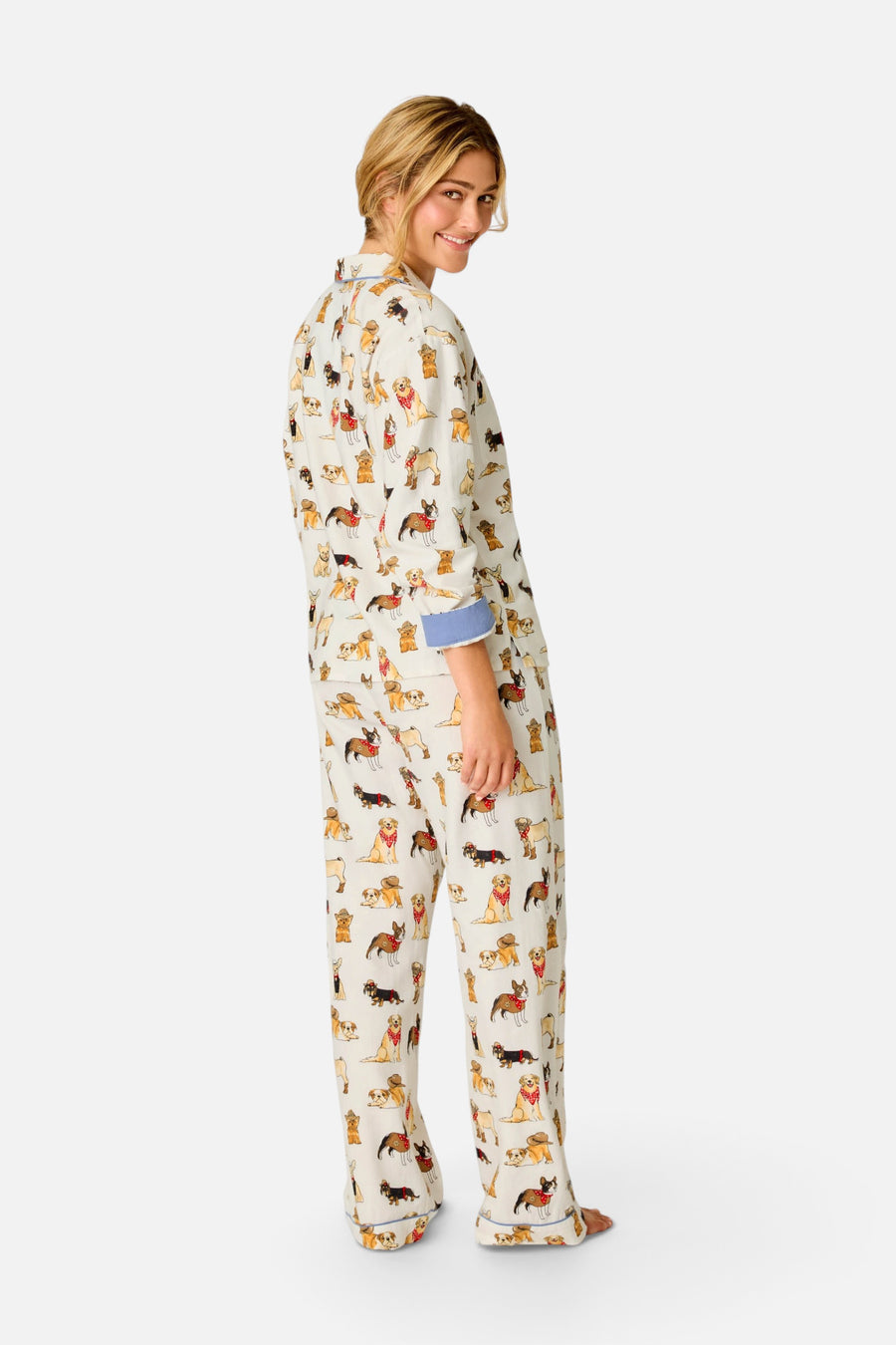 PJ Salvage Women's Howdy Paw-tner Dog Print 3-Piece Flannel PJ Set in Ivory – back view