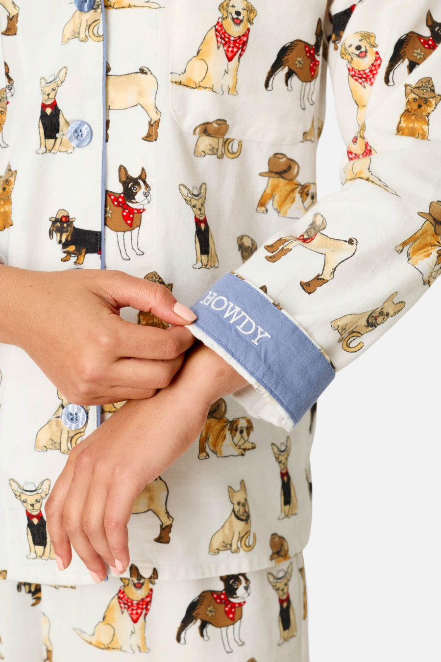 PJ Salvage Women's Howdy Paw-tner Dog Print 3-Piece Flannel PJ Set in Ivory – detail