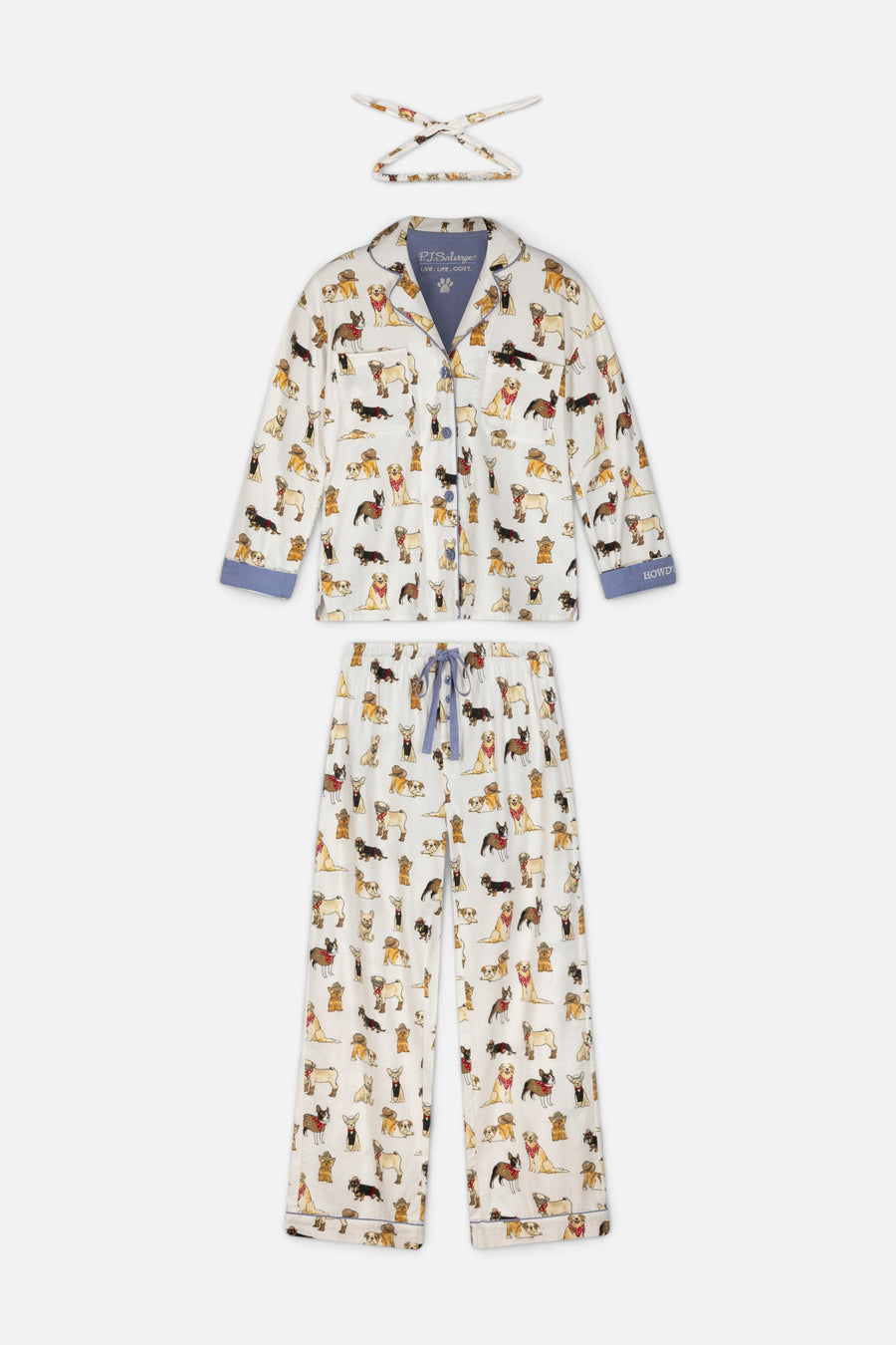 PJ Salvage Women's Howdy Paw-tner Dog Print 3-Piece Flannel PJ Set in Ivory – flat lay