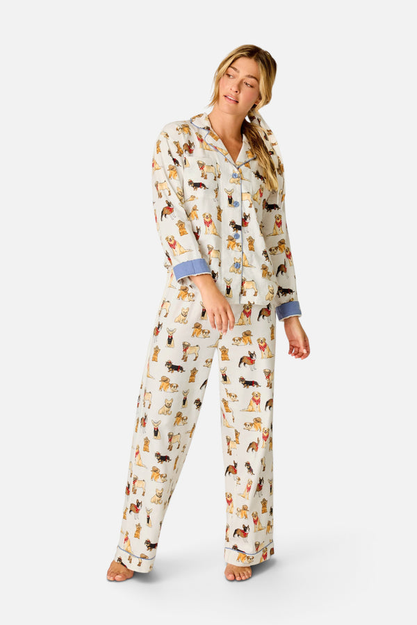 PJ Salvage Women's Howdy Paw-tner Dog Print 3-Piece Flannel PJ Set in Ivory
