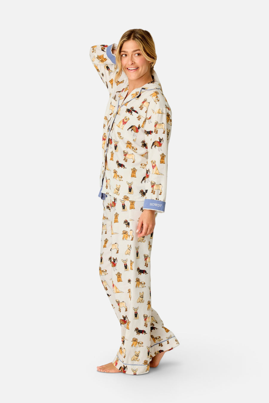 PJ Salvage Women's Howdy Paw-tner Dog Print 3-Piece Flannel PJ Set in Ivory – on model