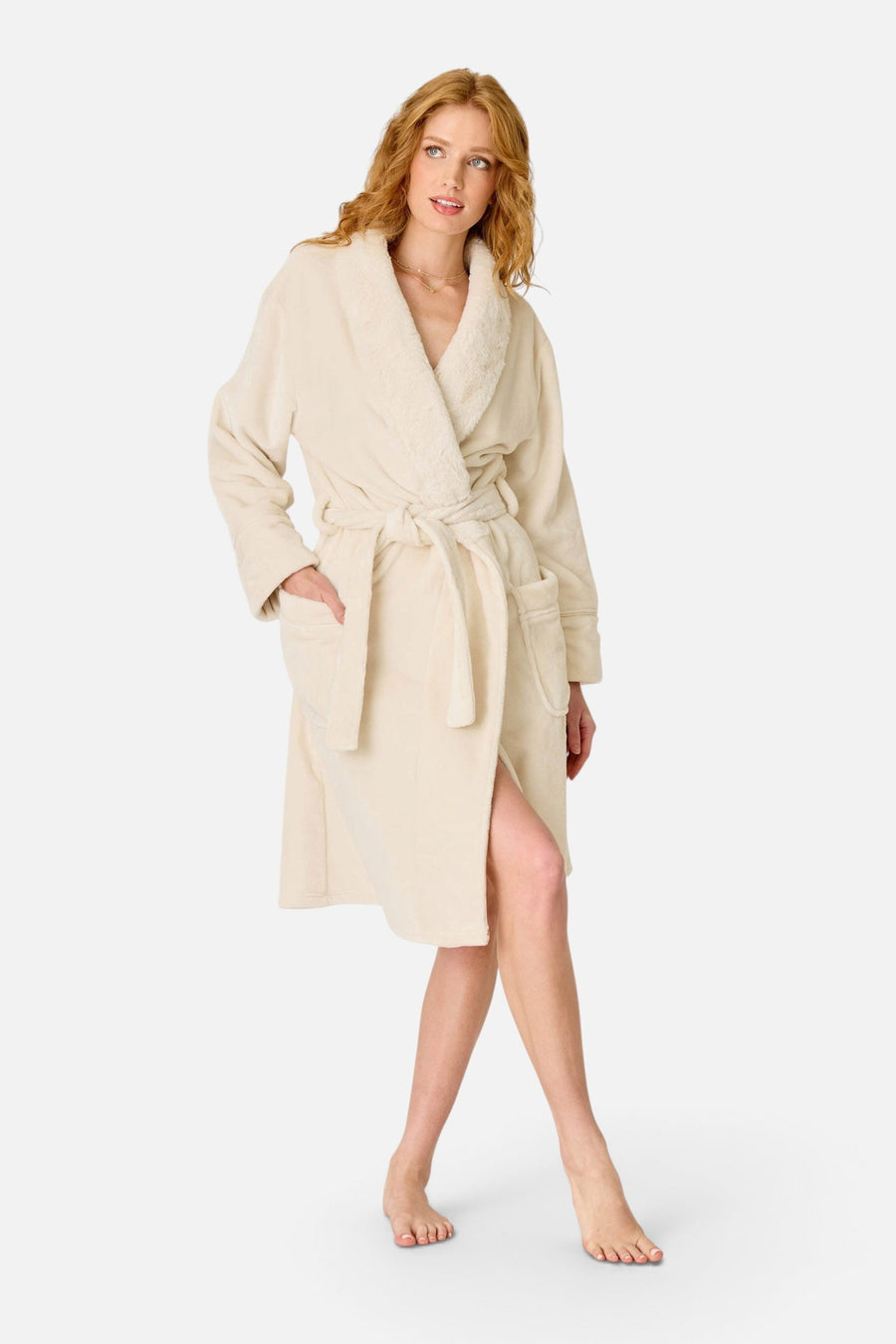 PJ Salvage Women's Luxe Plush Solid Robe in Natural – side view