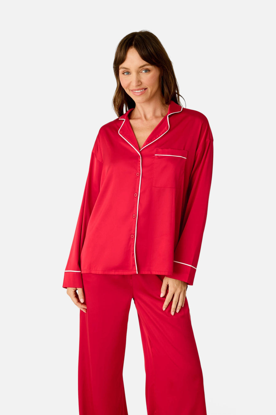 PJ Salvage Women's Moonlight Muse Satin Long Sleeve PJ Set in Lipstick – detail