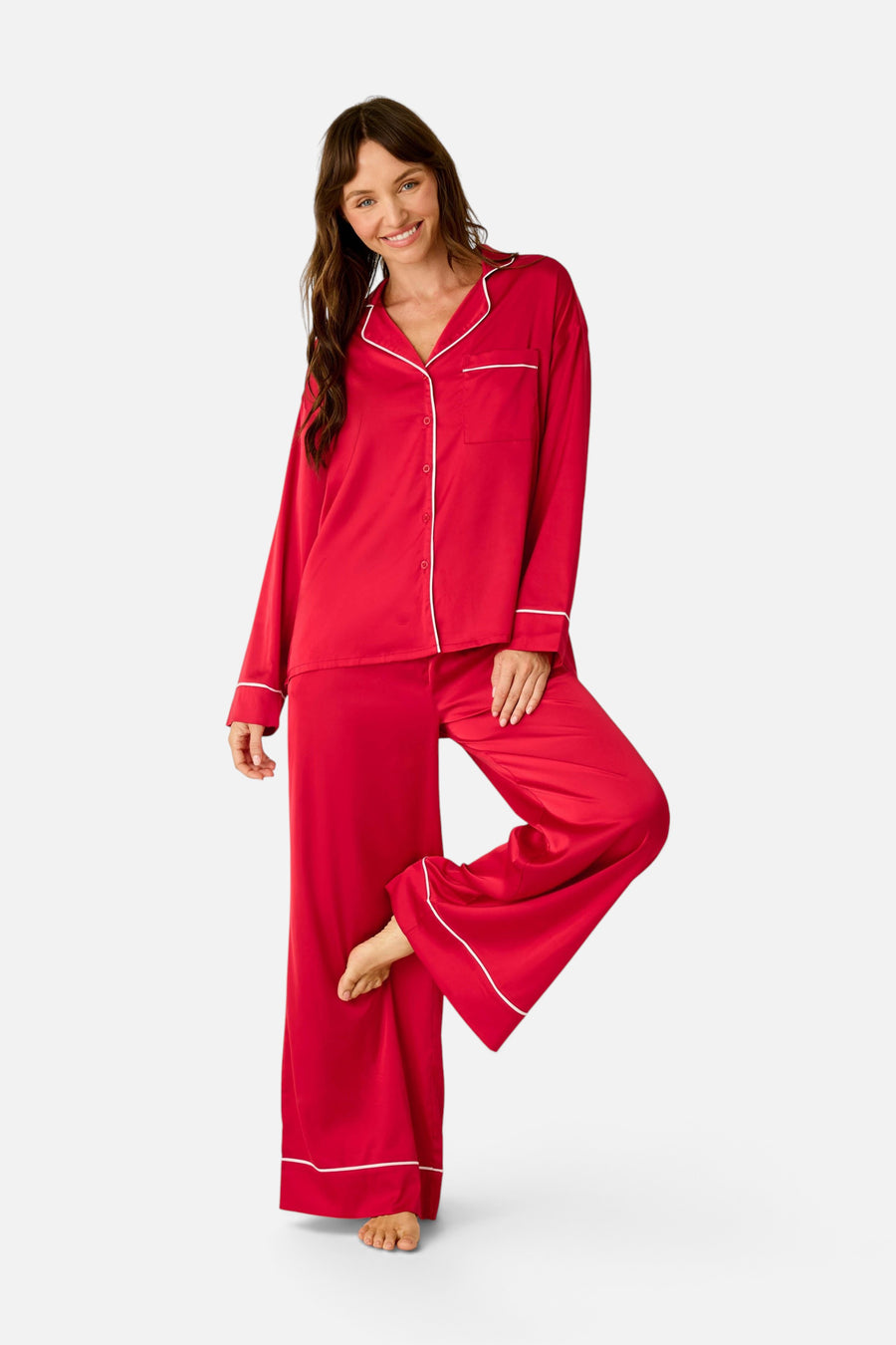 PJ Salvage Women's Moonlight Muse Satin Long Sleeve PJ Set in Lipstick – on model