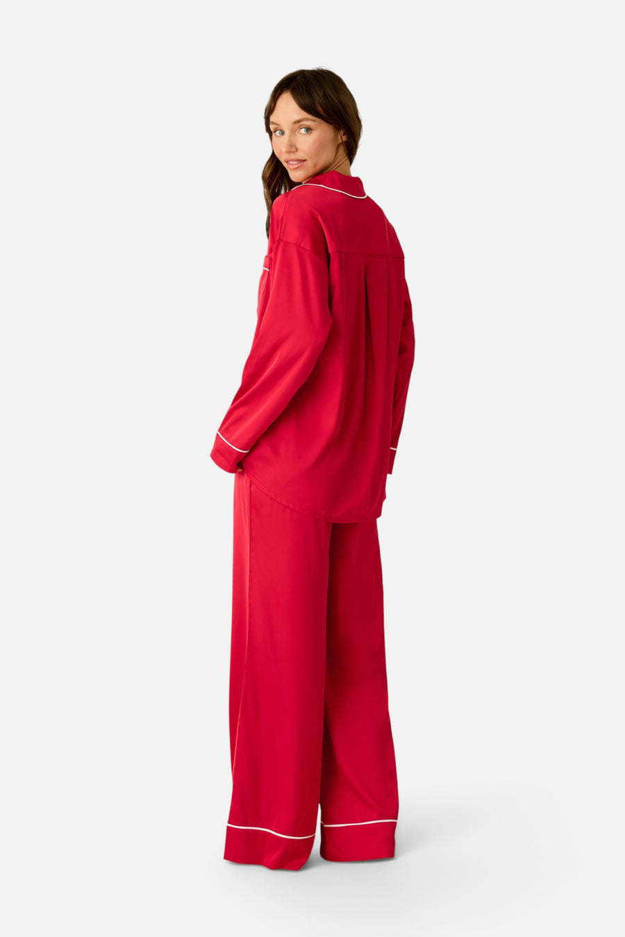 PJ Salvage Women's Moonlight Muse Satin Long Sleeve PJ Set in Lipstick – on model