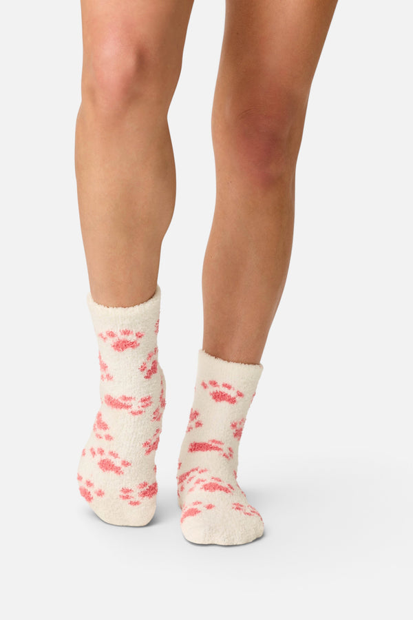 PJ Salvage Women's Pink Paw Print Socks in Ivory