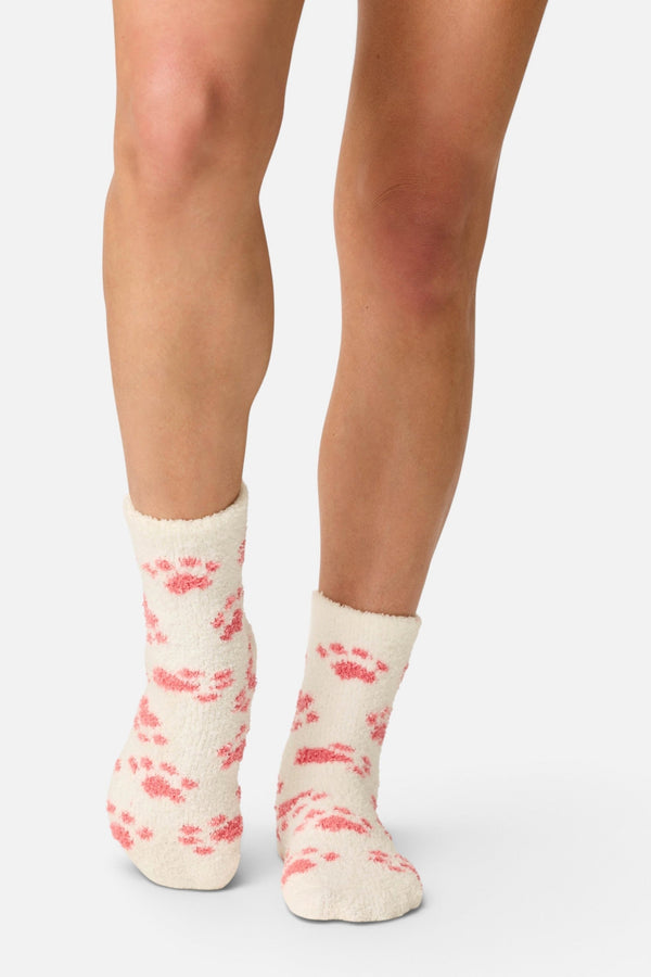 PJ Salvage Women's Pink Paw Print Socks in Ivory