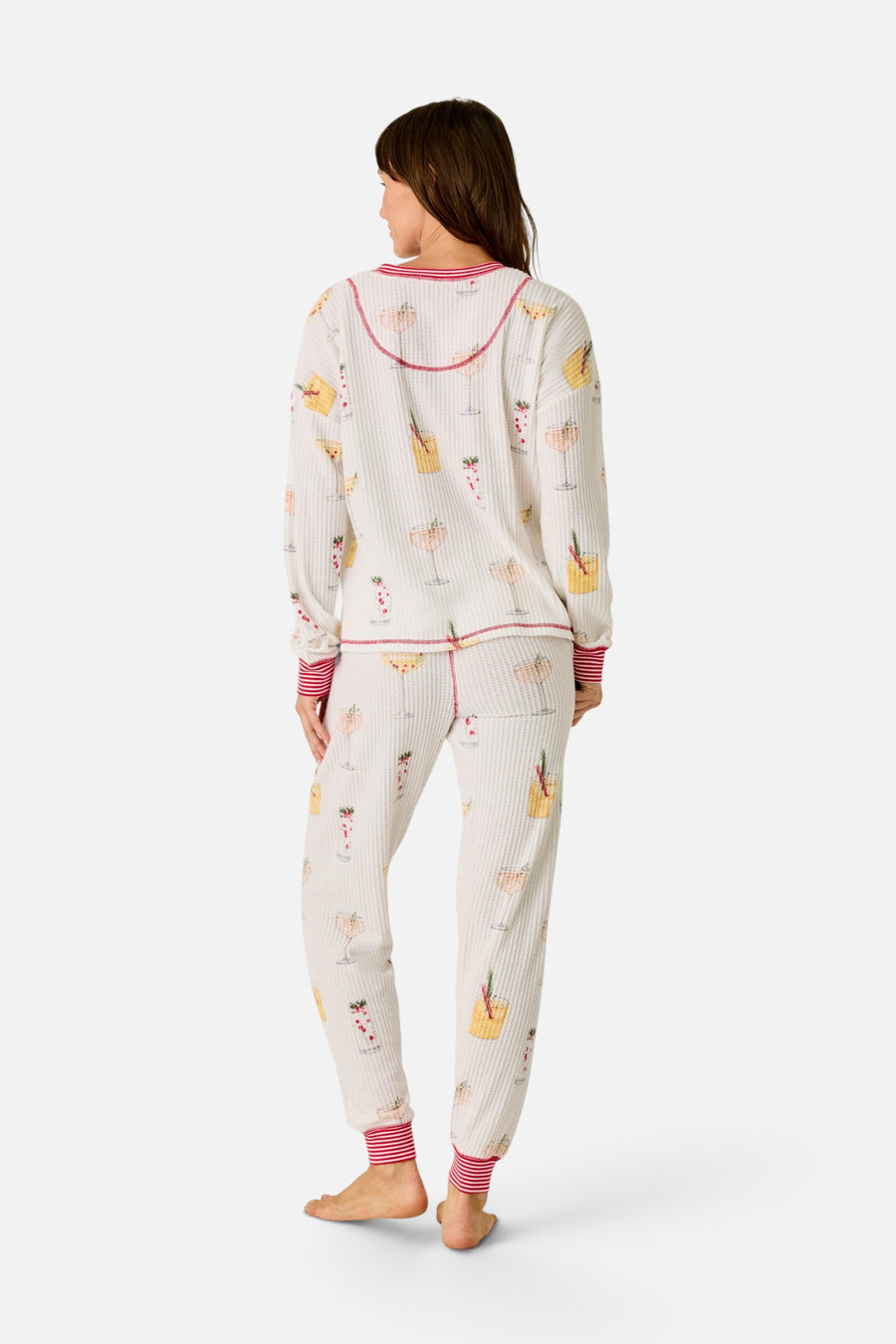 PJ Salvage Women's Ski Jammie Classics Cocktail Print Long Sleeve PJ Set in Ivory – back view