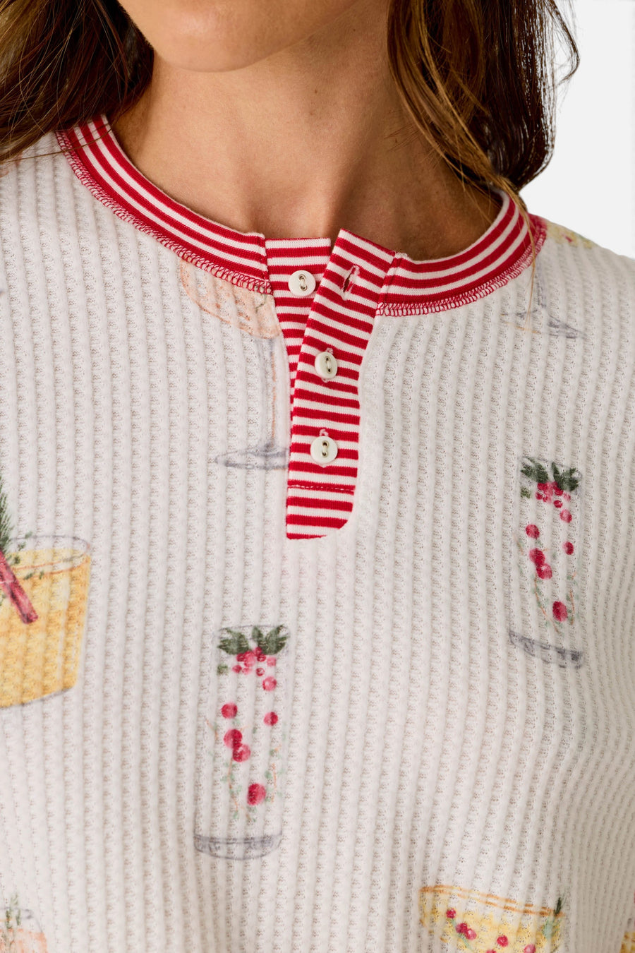 PJ Salvage Women's Ski Jammie Classics Cocktail Print Long Sleeve PJ Set in Ivory – detail