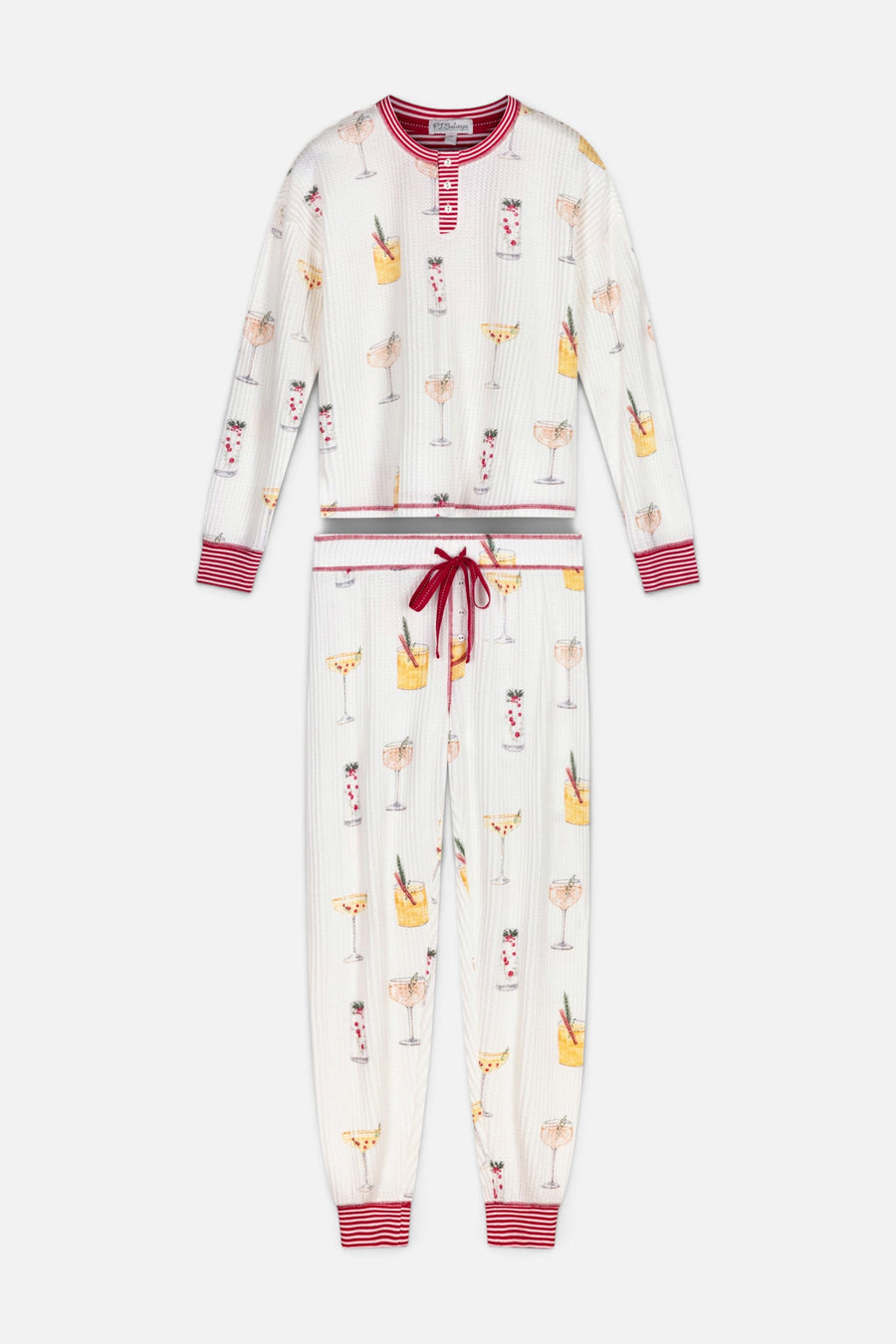 PJ Salvage Women's Ski Jammie Classics Cocktail Print Long Sleeve PJ Set in Ivory – flat lay