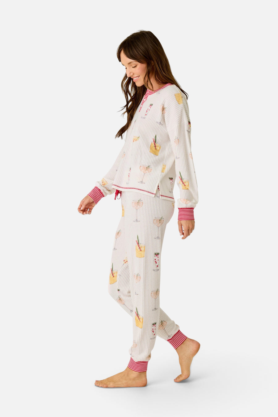 PJ Salvage Women's Ski Jammie Classics Cocktail Print Long Sleeve PJ Set in Ivory – side view