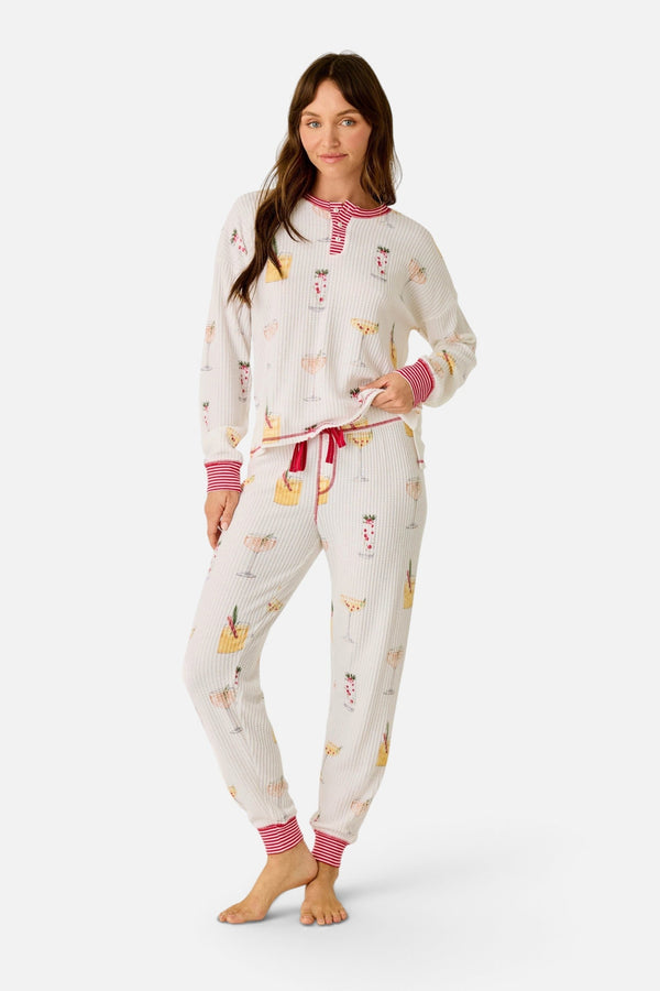 PJ Salvage Women's Ski Jammie Classics Cocktail Print Long Sleeve PJ Set in Ivory