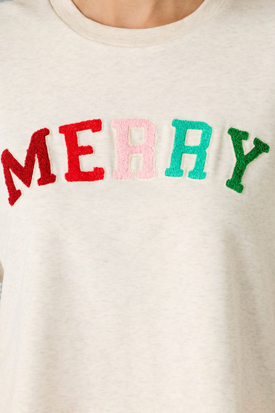 PJ Salvage Women's Very Merry Bouclé Merry Sweatshirt in Light Oatmeal – detail