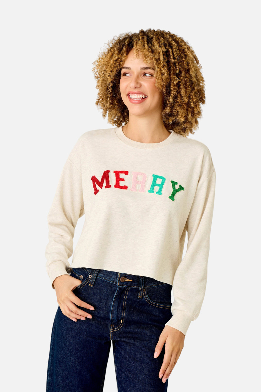 PJ Salvage Women's Very Merry Bouclé Merry Sweatshirt in Light Oatmeal – front view