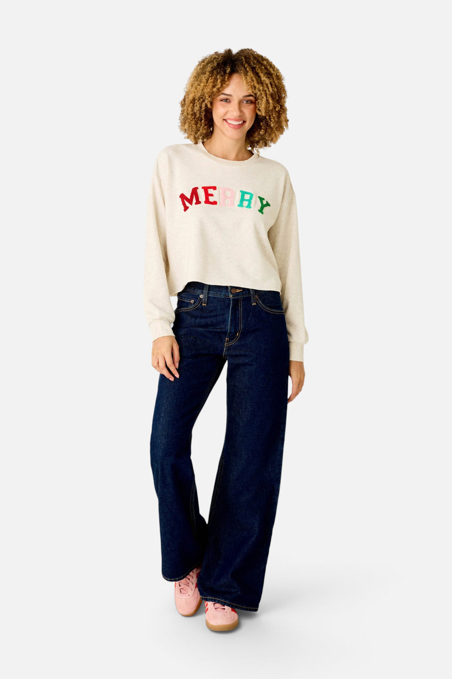 PJ Salvage Women's Very Merry Bouclé Merry Sweatshirt in Light Oatmeal – on model