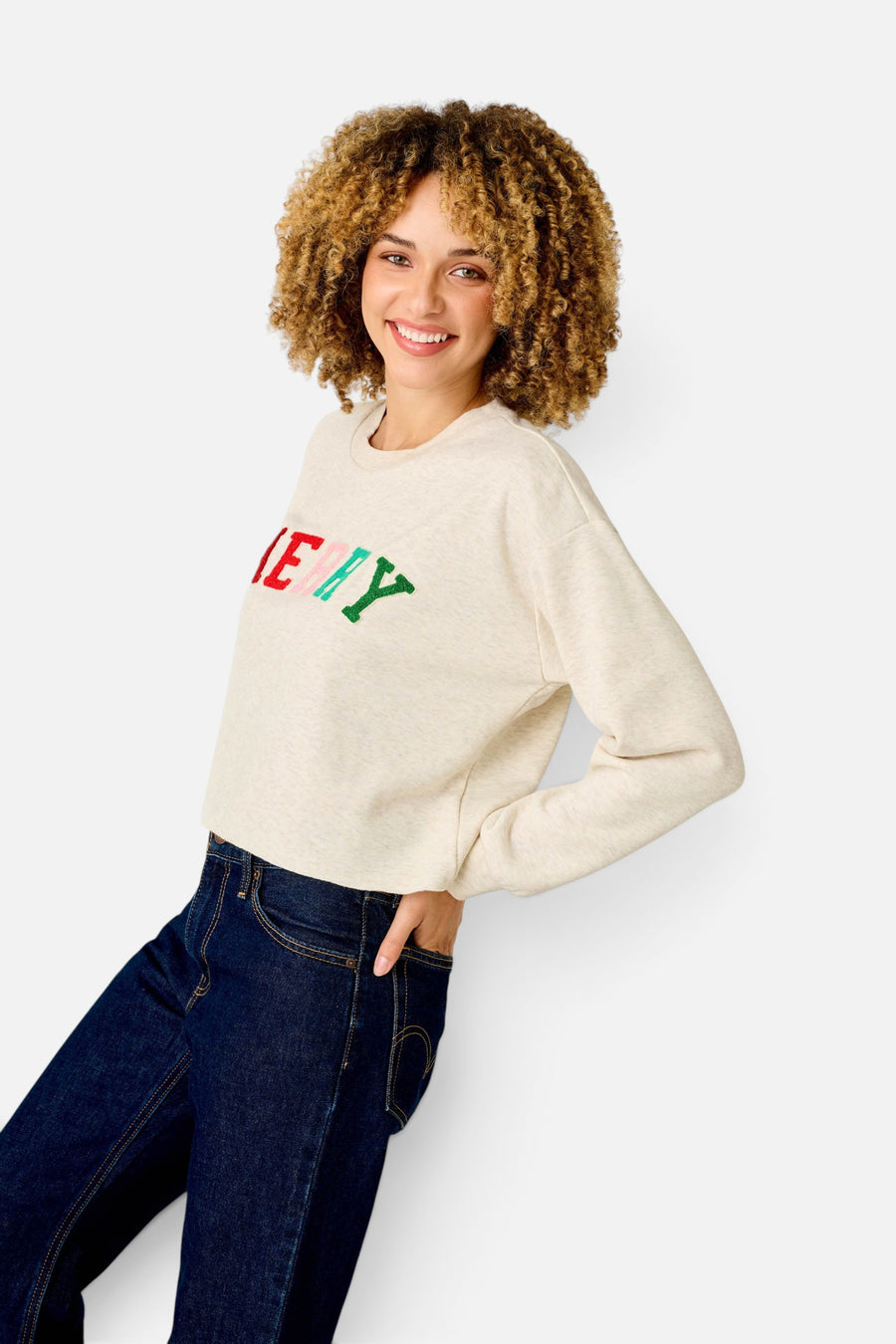 PJ Salvage Women's Very Merry Bouclé Merry Sweatshirt in Light Oatmeal – side view