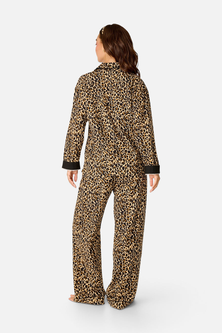 PJ Salvage Women's Wild At Heart Leopard Print 3-Piece Flannel PJ Set in Beige – back view