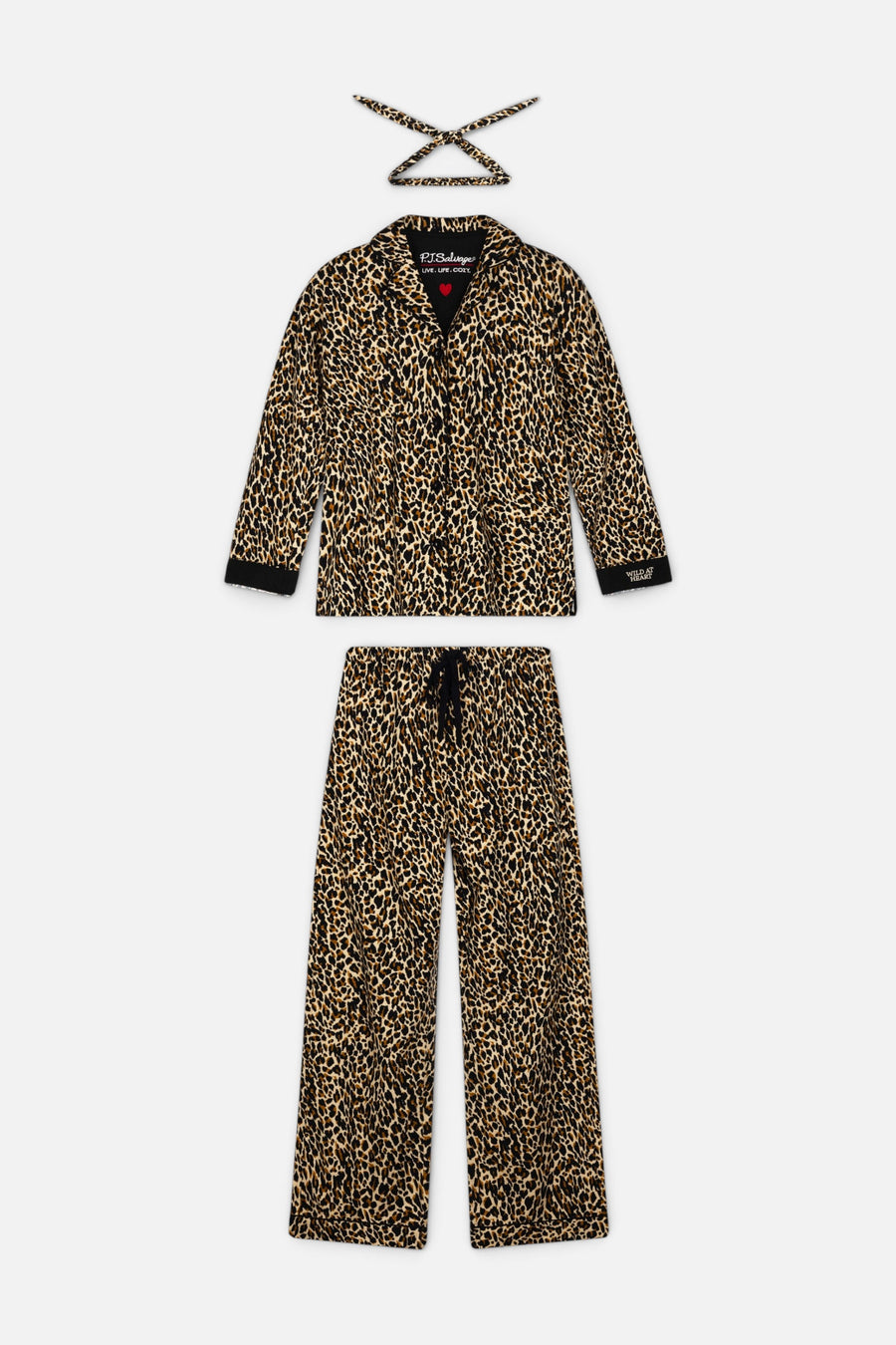 PJ Salvage Women's Wild At Heart Leopard Print 3-Piece Flannel PJ Set in Beige – flat lay