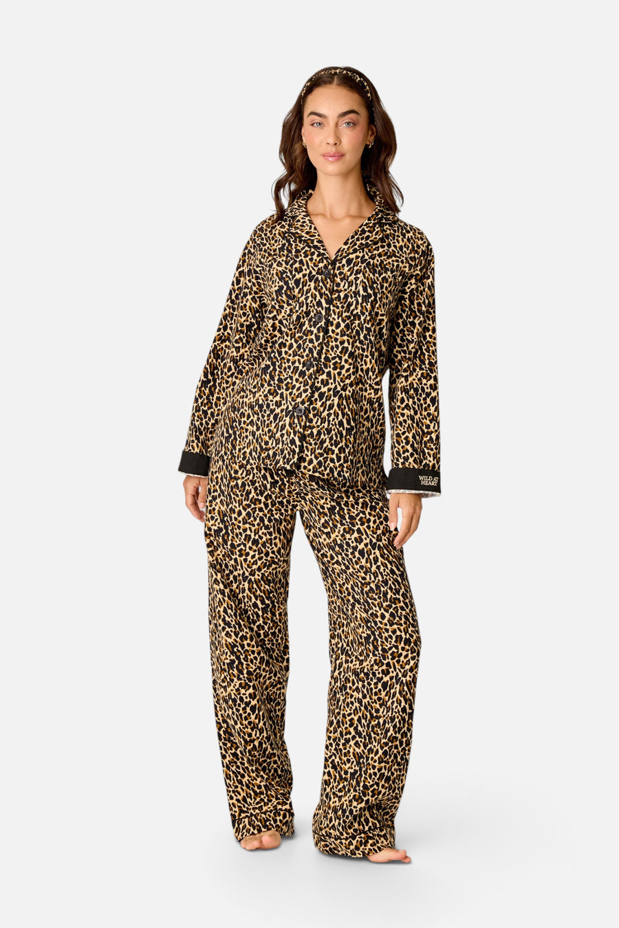 PJ Salvage Women's Wild At Heart Leopard Print 3-Piece Flannel PJ Set in Beige – front view