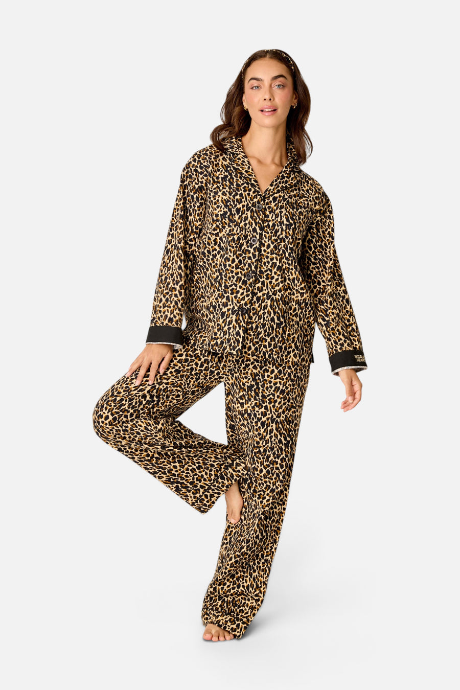 PJ Salvage Women's Wild At Heart Leopard Print 3-Piece Flannel PJ Set in Beige – on model