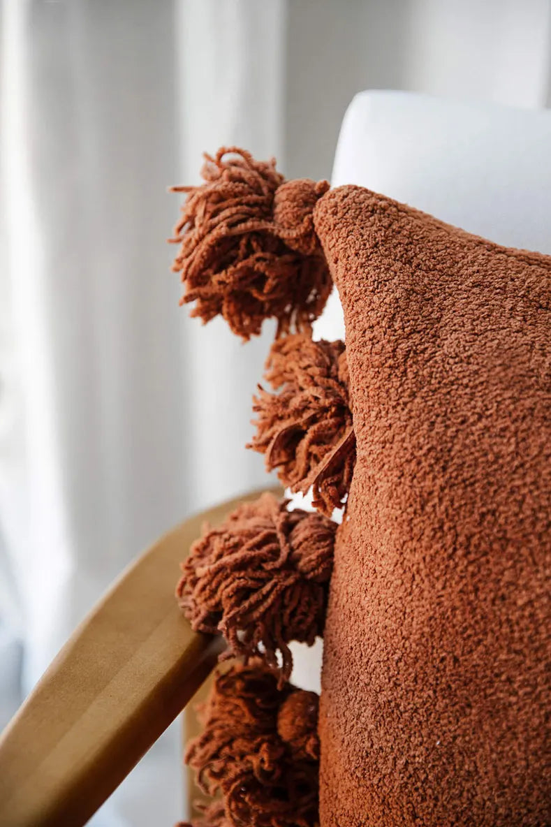 Pom Pom Throw Pillow, Sienna – back view