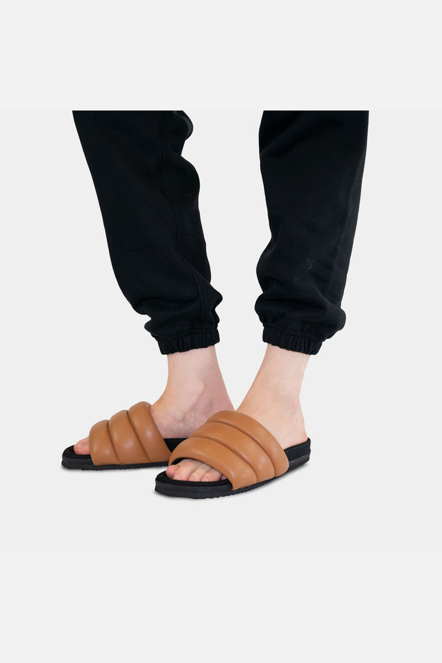 Puffy Sandals in Cognac Vegan Leather – side view