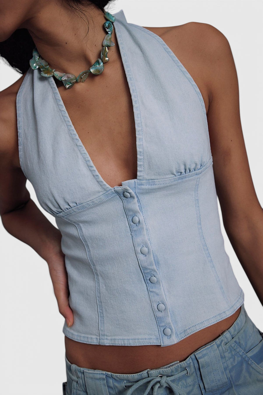 Ramona Denim Halter Top in Light Sky – detail