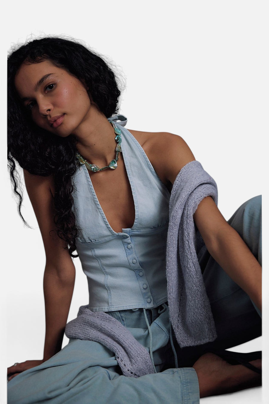 Ramona Denim Halter Top in Light Sky – front view