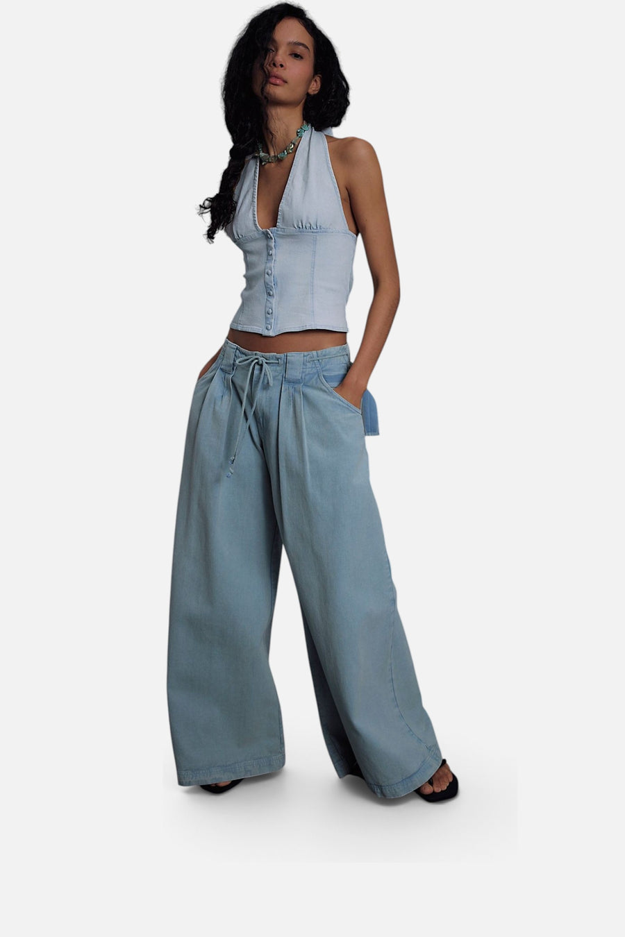 Ramona Denim Halter Top in Light Sky – side view