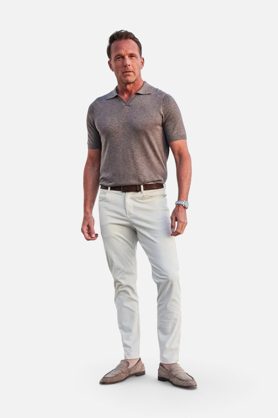 Ravello Summer Weight Linen Blend Polo in Brown – back view
