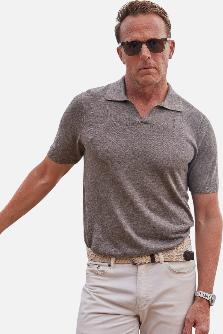 Ravello Summer Weight Linen Blend Polo in Brown – front view