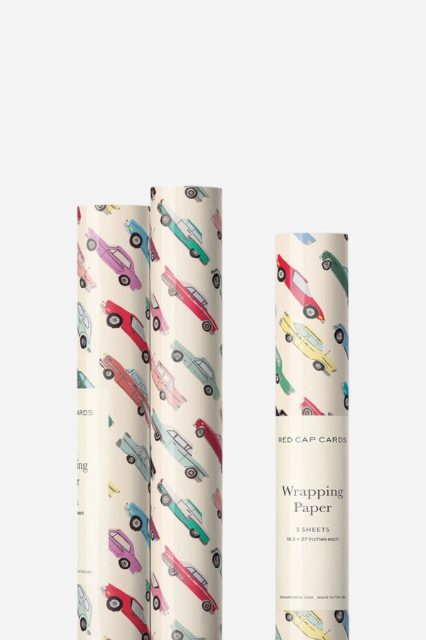 Red Cap Cards Cars Wrapping Paper Roll of 3 Sheets