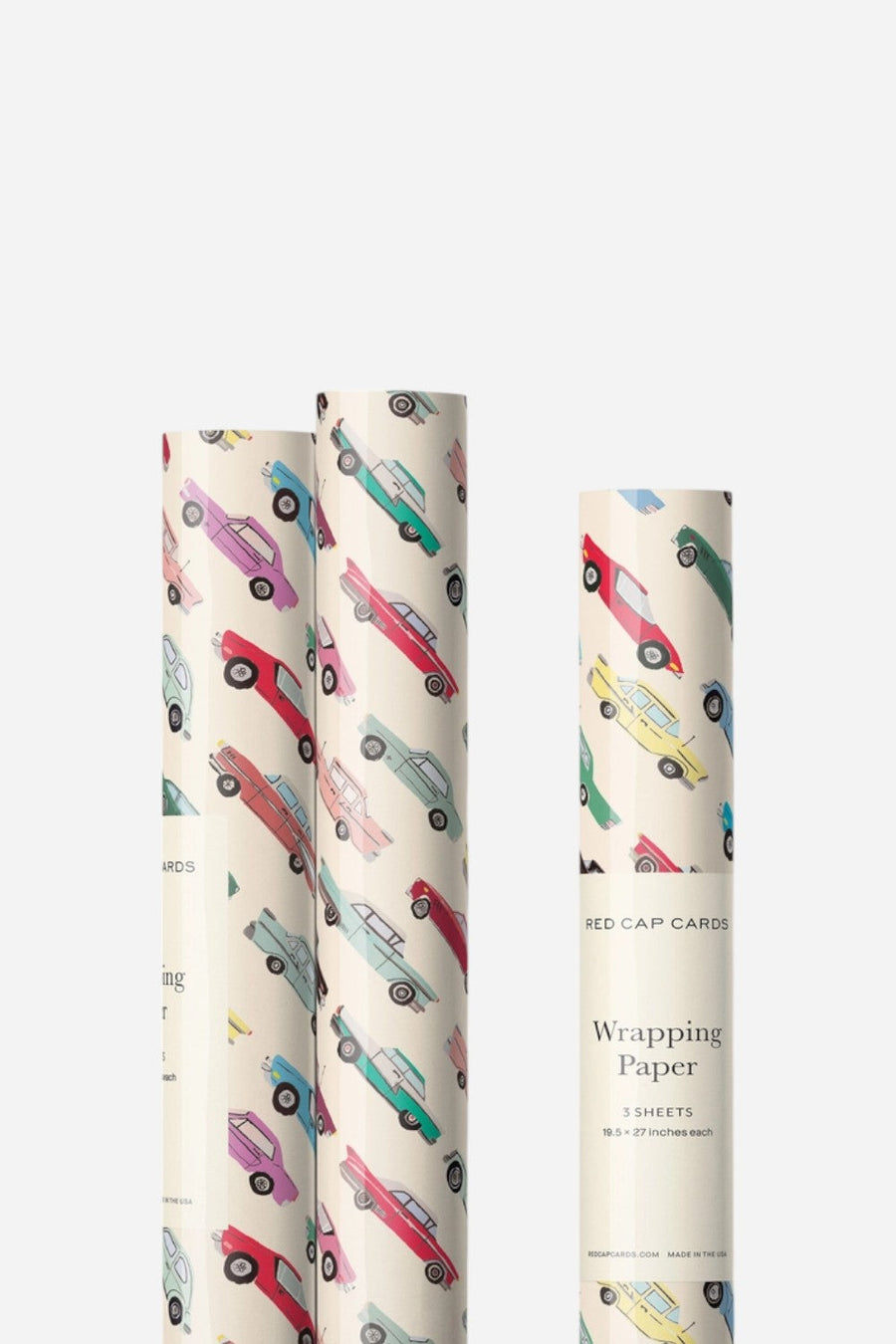 Red Cap Cards Cars Wrapping Paper Roll of 3 Sheets – front view