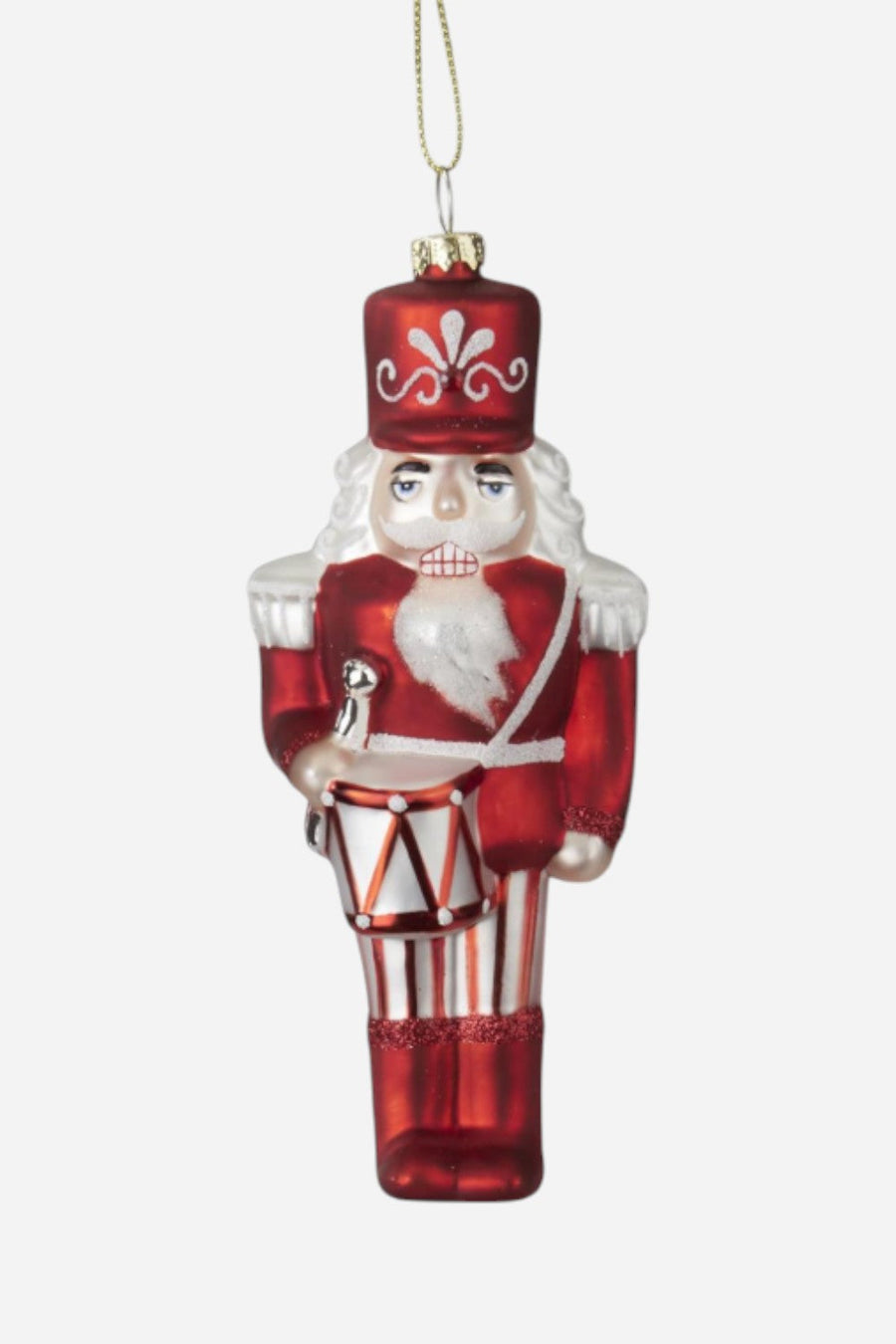 Red & White Blown Glass Soldier with Drum Ornament – front view
