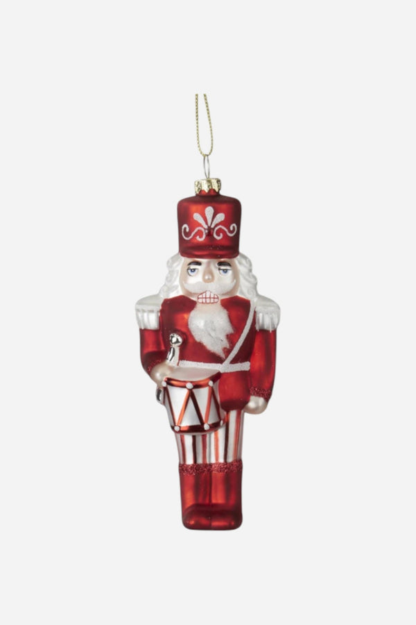 Red & White Blown Glass Soldier with Drum Ornament