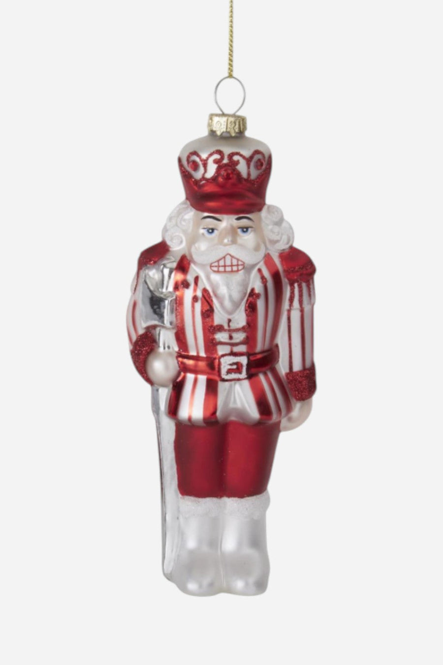 Red & White Blown Glass Striped Soldier Ornament – front view