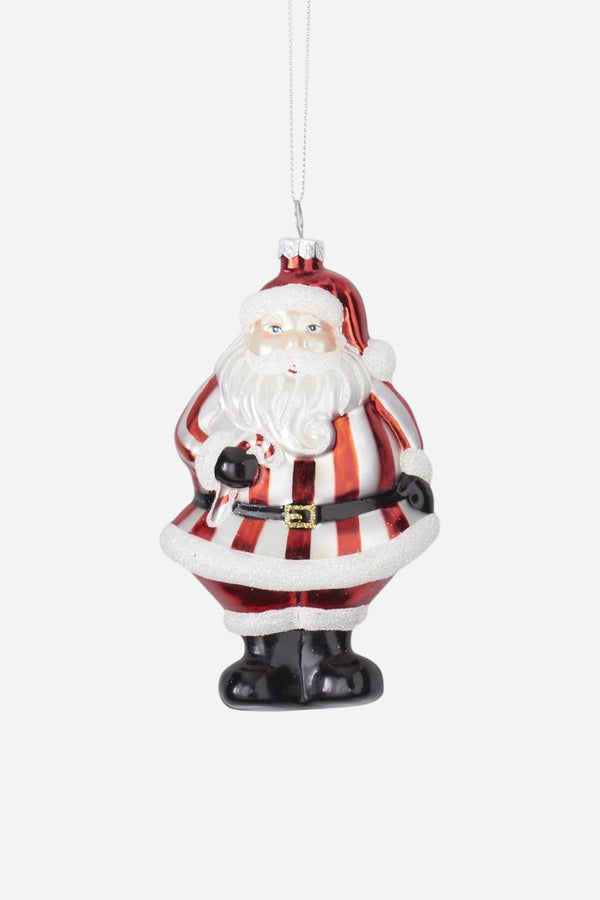 Red & White Glittered Blown Glass Santa Ornament