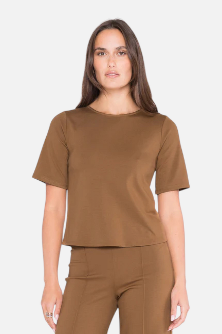 Ripley Rader Women's Ponte Short Sleeve Extended in Camel – front view