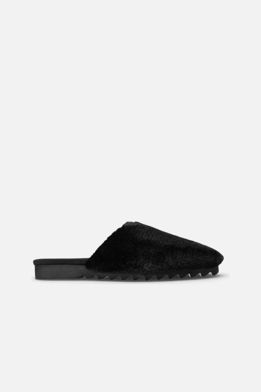 Roam Cloud Mule in Black Faux Fur – side view