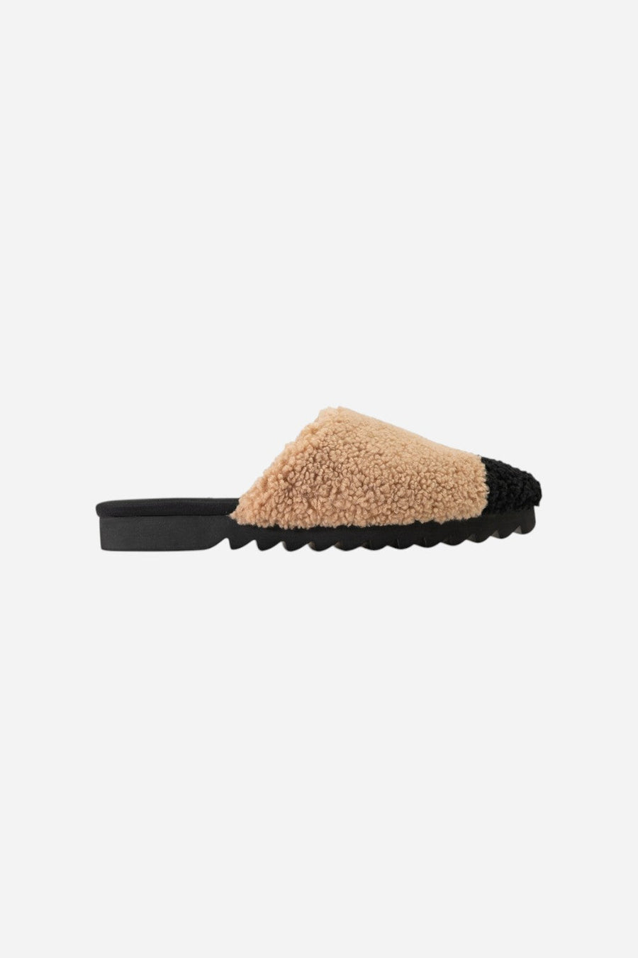 Roam Fuzzy Cap Mule in Beige Black Faux Shearling – front view