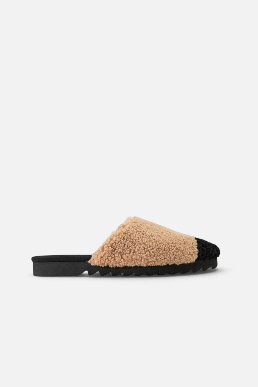 Roam Fuzzy Cap Mule in Beige Black Faux Shearling – side view