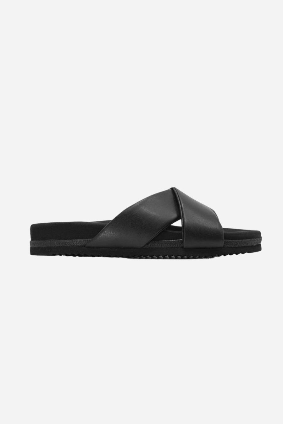 Roam Wing Sandals in Black Vegan Leather – front view