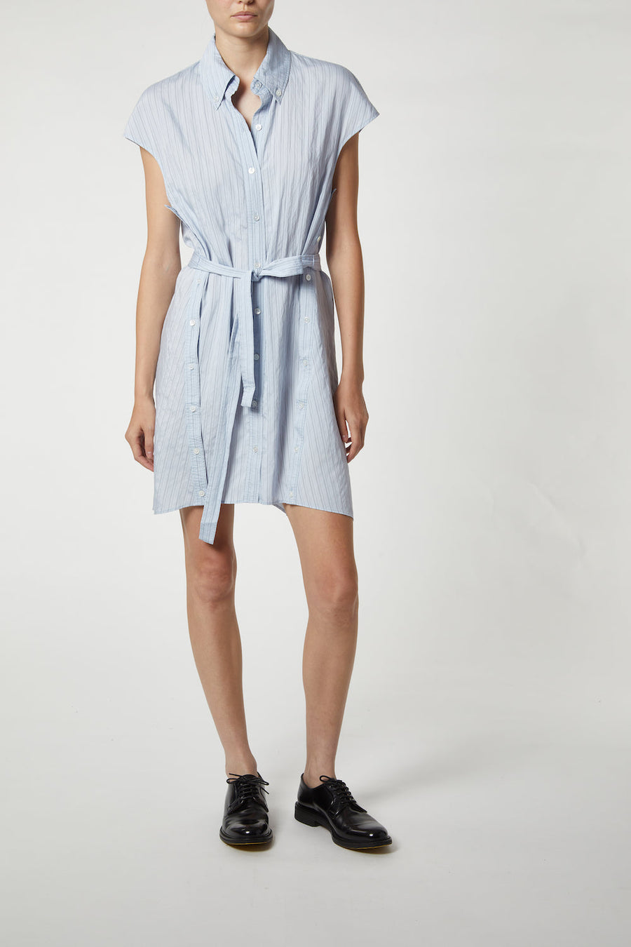 Saint Art Talma Cap Sleeve Button Dress in Pale Blue Pinstripe – back view