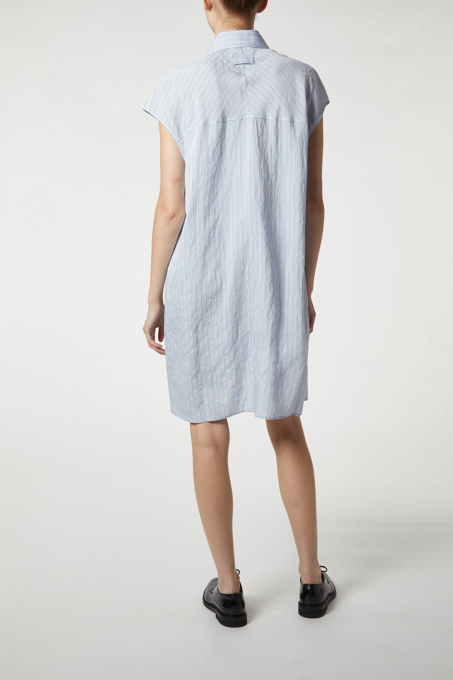 Saint Art Talma Cap Sleeve Button Dress in Pale Blue Pinstripe – detail