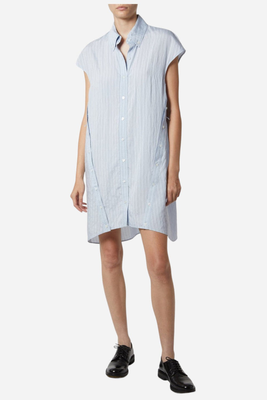 Saint Art Talma Cap Sleeve Button Dress in Pale Blue Pinstripe – front view