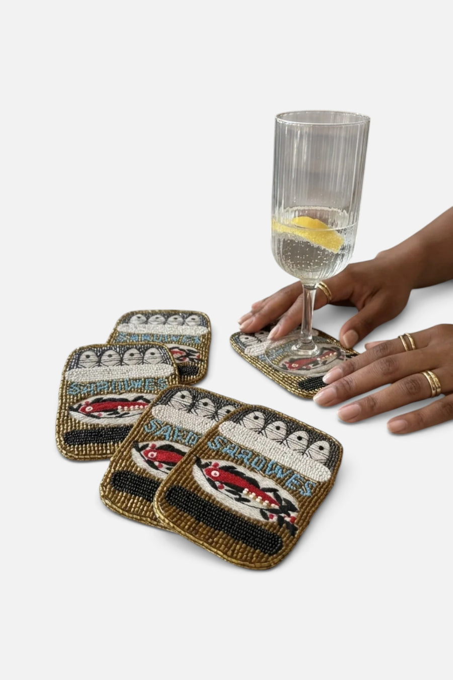 Saint Austin Company Sardines Beaded Coaster Set – side view