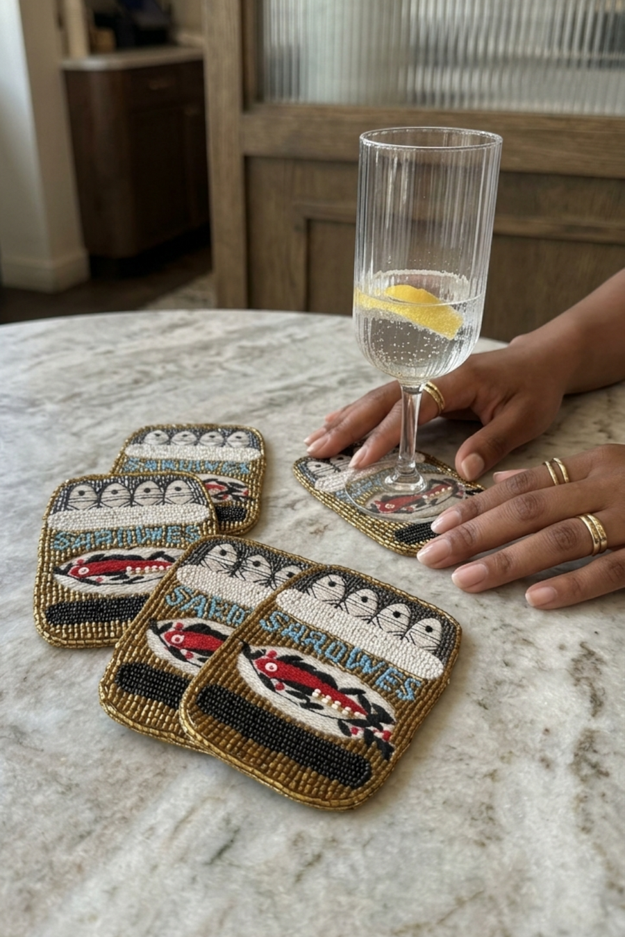 Saint Austin Company Sardines Beaded Coaster Set – side view