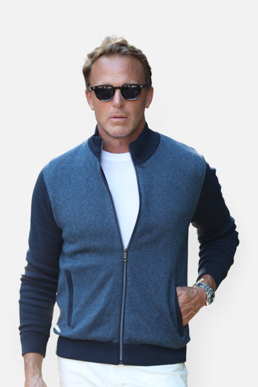 Santa Barbara Cotton Cashmere Knit Jacket in Navy – detail