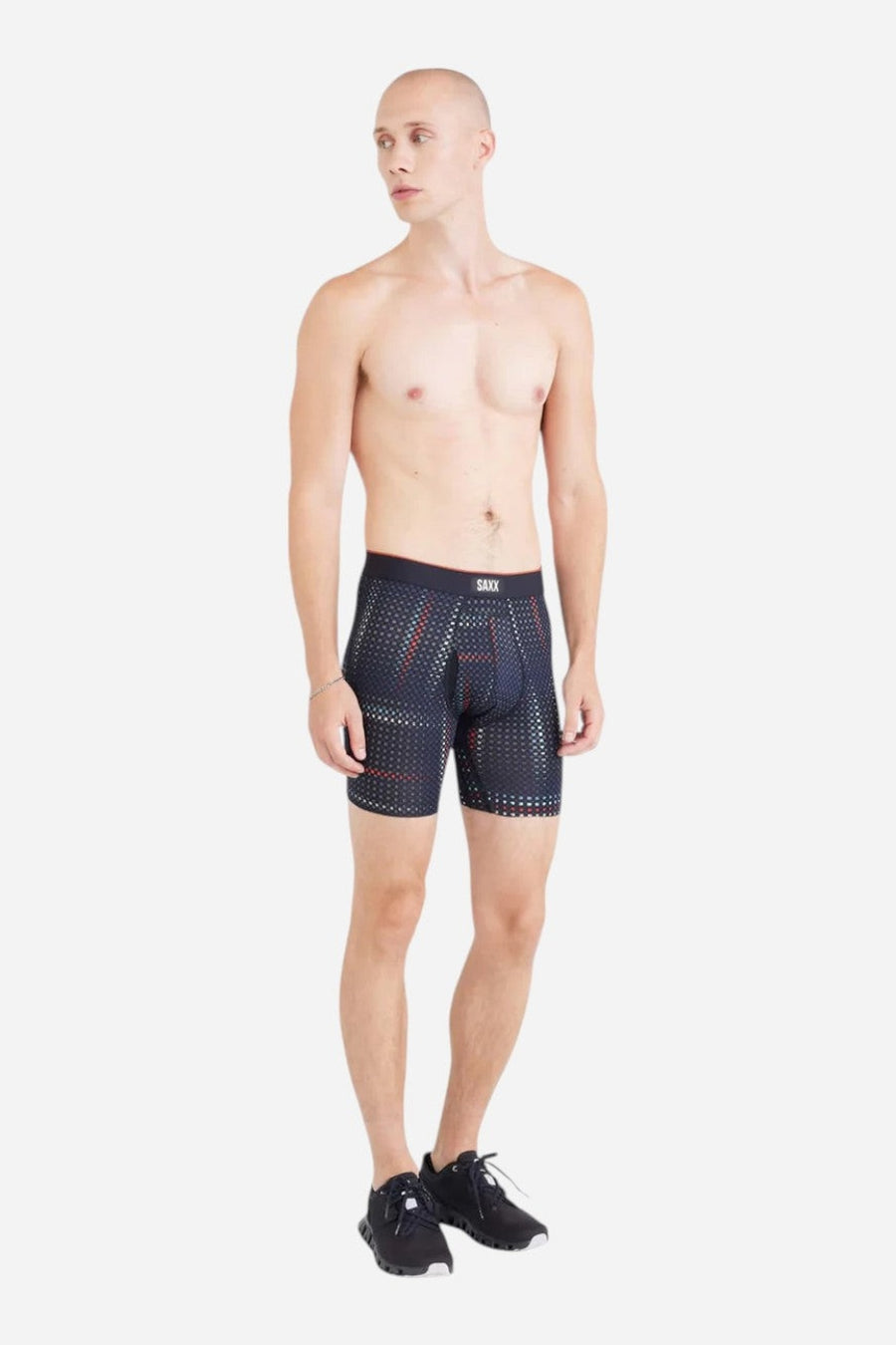 SAXX Multi-Sport Mesh Boxer Brief in Optic Grid Black – on model
