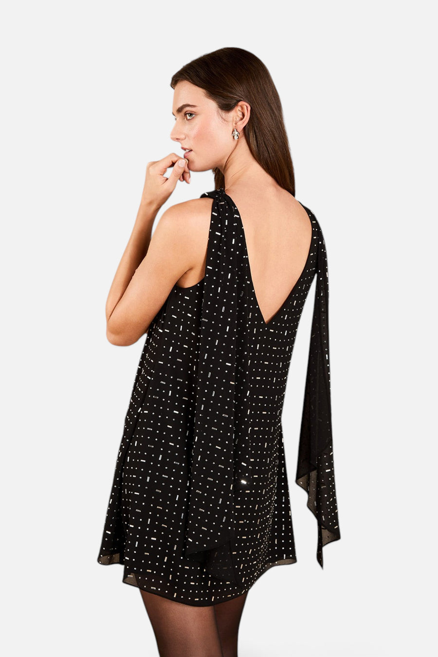Saylor Cybele Rhinestone Chiffon Mini Dress in Black – back view
